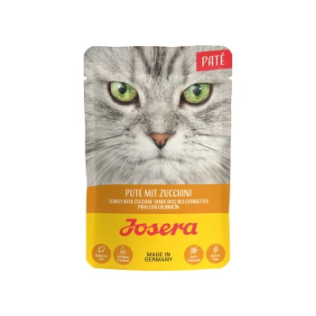 Nassfutter Katze, Adult, Paté, Pute mit Zucchini 16x85 g Katze Futterbeutel mit einer Nahaufnahme des Gesichts einer Katze, beschriftet mit "PATE" und "Truthahn mit Zucchini," mit Symbolen für Gesundheitsvorteile.