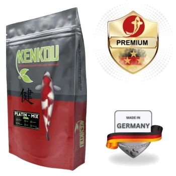Ein Beutel KENKOU Platin-Mix Fischfutter mit einer Koi-Fischgrafik, einem Premium-Qualitätsabzeichen und einem "Made in Germany"-Etikett.