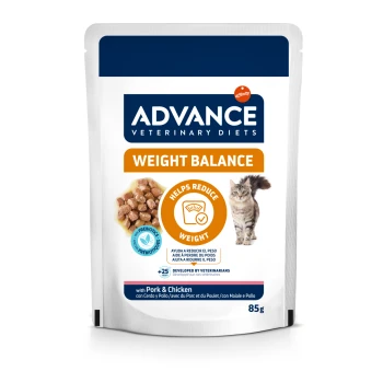 Sachet de nourriture pour chat Advance Veterinary Diets Weight Balance, croquettes et chat, «Aide à réduire le poids», au porc et au poulet, 85 g.