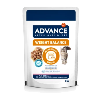 Sachet de nourriture pour chat Advance Veterinary Diets Weight Balance, croquettes et chat, «Aide à réduire le poids», au porc et au poulet, 85 g.