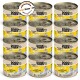 Zwölf Dosen DOGS'n TIGER Haustierfutter mit der Aufschrift "FREIGEIST," mit Huhn und Lachs, 70% Fleisch und einem Qualitätssiegel.
