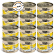 Zwölf Dosen DOGS'n TIGER Haustierfutter mit der Aufschrift "FREIGEIST," mit Huhn und Lachs, 70% Fleisch und einem Qualitätssiegel.