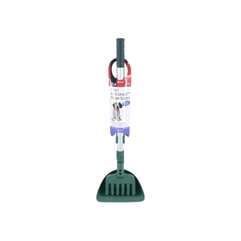A green pooper scooper with a long handle, featuring a black grip, displayed with a label that reads "Smart Arms Length Pooper Scooper."