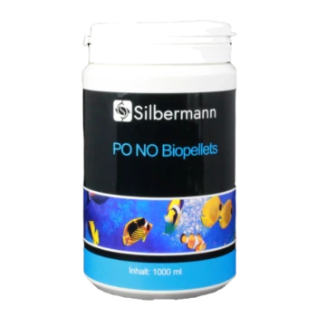 Behälter mit Silbermann PO NO Biopellets, 1000 ml, mit bunten Fischgrafiken auf einem blauen Hintergrund.