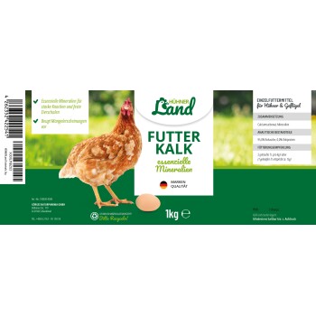 Etikett für "Hühner Land Futter Kalk," mit einer braunen Henne und einem Ei, das essentielle Mineralien für starke Knochen und Eierschalen hervorhebt.