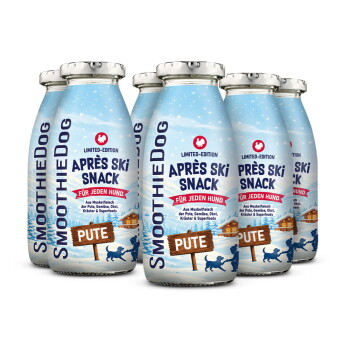 Sechs SmoothieDog „Après Ski Snack“ Limited‑Edition PUTE‑Hundesmoothie‑Flaschen mit verschneiter Hütten‑Illustration und Hundesilhouette auf dem Etikett.