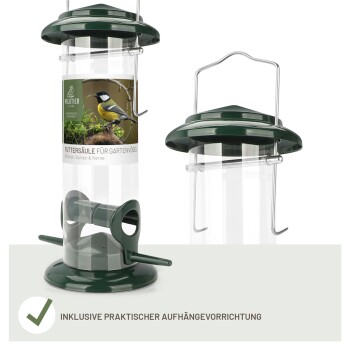 Vogelfutterspender mit einem transparenten Rohr und grünem Deckel, beschriftet 'Futtersäule für Gartenvögel' mit einem Foto eines Vogels, inklusive einem Aufhängehaken.