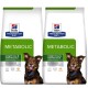 Zwei Tüten Hill's Prescription Diet Metabolic Hundefutter, gekennzeichnet für Gewichtsreduktion und -erhaltung, mit einer Empfehlung von einem Tierarzt.