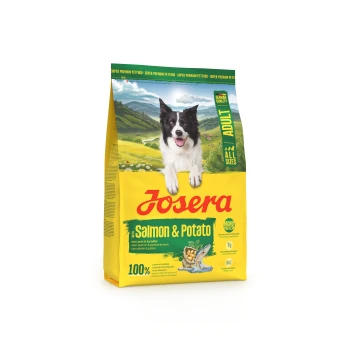 Josera Hundefutter für Erwachsene mit Lachs und Kartoffel, deutsche Qualität, Monoprotein, getreidefrei, für alle Größen, mit fröhlichem Border Collie.