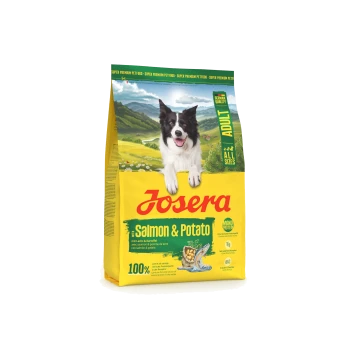 Josera Hundefutter für Erwachsene mit Lachs und Kartoffel, deutsche Qualität, Monoprotein, getreidefrei, für alle Größen, mit fröhlichem Border Collie.