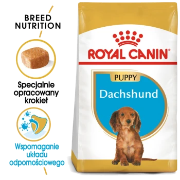 Torba z karmą dla szczeniąt Royal Canin dla rasy dachshund, oferująca żywienie specyficzne dla rasy, z informacjami o krokietach i wsparciu układu odpornościowego.