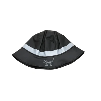 Schwarzer Hundebucket-Hut mit einem reflektierenden Streifen und einem kleinen Hundelogo, entworfen zum Schutz von Haustieren vor den Elementen.