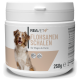 Behälter mit REAVET Flohsamen Schalen (Psylliumschalen) für Hunde, 250g, mit einem glücklichen Hund auf dem Etikett und Text in deutscher Sprache.