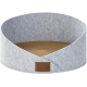 Gray felt pet bed with a woven straw base and a leather label reading "MORE" on the side.