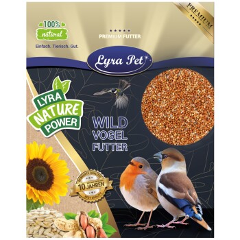 Verpackung für Lyra Pet Wild Bird Food, mit zwei Vögeln, Sonnenblumenkernen und einer Schüssel mit Samen; beschriftet mit '100% natürlich' und 'Premium Futter.'