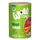 Nourriture pour chien en conserve étiquetée "WOW Dog" avec du bœuf, présentant un design vert, montrant des carottes et de la viande sur le devant, 71 % de viande, 0 % de céréales.