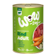 Nourriture pour chien en conserve étiquetée "WOW Dog" avec du bœuf, présentant un design vert, montrant des carottes et de la viande sur le devant, 71 % de viande, 0 % de céréales.