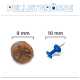 En-tête «TAILLE DU GRANULÉ» — à gauche : granulé brun de croquette 9 mm ; à droite : punaise bleue de 10 mm comme référence de taille