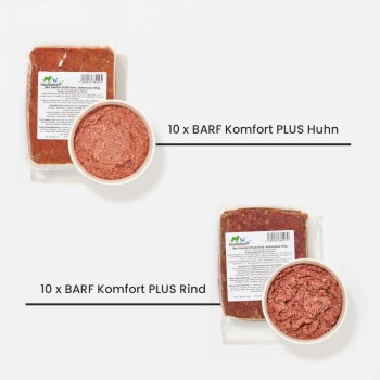 Zwei Schalen mit Haustierfutter mit Etiketten: "Muskel Fleisch," "Leinöl," "Äpfel," "Birnen," und "Karotten," die Zutaten für Haustiere zeigen.