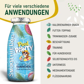 Blaue SmoothieDog 'Pool Pawty' Flasche, Etikett mit Kaninchensnack; Überschrift 'Für viele verschiedene ANWENDUNGEN' und Anwendungsübersicht