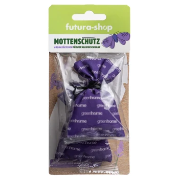 Lila Mottenschutzsäckchen in einer klaren Verpackung, beschriftet mit "Mottenschutz" und einem Schmetterlingsgrafik sowie einem Symbol ohne Motten.