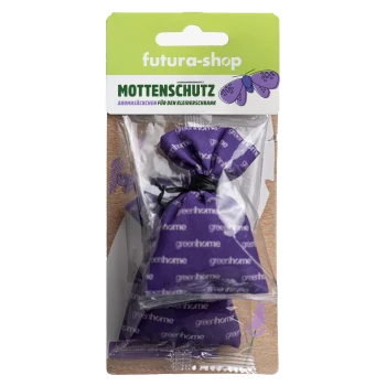 Lila Mottenschutzsäckchen in einer klaren Verpackung, beschriftet mit "Mottenschutz" und einem Schmetterlingsgrafik sowie einem Symbol ohne Motten.