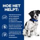 Een zwart-witte hond in een blauwe halsband zit tegen een blauwe achtergrond met tekst over de voordelen van huisdierproducten voor gezondheid en ontspanning.