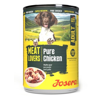 Dose Josera Hundefutter für Erwachsene mit der Aufschrift ‚Meat Lovers Pure Chicken‘, getreidefrei, mit Hundephoto und Schüsselabbildung.