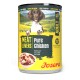 Dose Josera Hundefutter für Erwachsene mit der Aufschrift ‚Meat Lovers Pure Chicken‘, getreidefrei, mit Hundephoto und Schüsselabbildung.