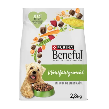 Purina Beneful Hundefutterbeutel mit Huhn und Gartengemüse, 2,8 kg, mit einem glücklichen Hund und frischen Zutaten.