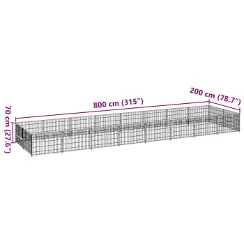 Schwarzer Metall-Haustierzaun mit beschrifteten Abmessungen: 800 cm (315") lang, 200 cm (78,7") breit und 70 cm (27,6") hoch.