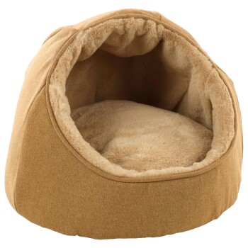 Gemütliches, beige Haustierbett mit einem weichen, plüschigen Innenraum, entworfen für kleine Tiere, um sich darin zusammenzurollen.