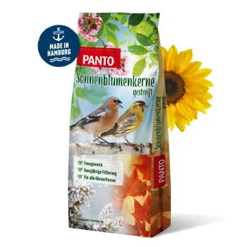 Eine Tüte PANTO Sonnenblumenkerne für Vögel, mit zwei Vögeln, die auf einem Ast sitzen, und dem deutlich sichtbaren Text "Sonnenblumenkerne".
