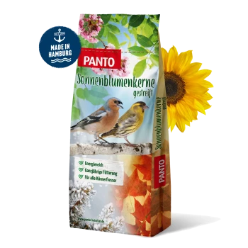 Eine Tüte PANTO Sonnenblumenkerne für Vögel, mit zwei Vögeln, die auf einem Ast sitzen, und dem deutlich sichtbaren Text "Sonnenblumenkerne".