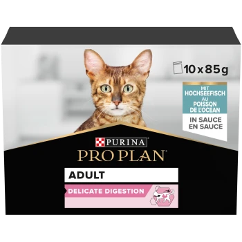 Purina Pro Plan Adult cat food packaging, featuring "Delicate Digestion" in pink text, with a total of 10 x 85g servings.
