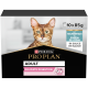 Purina Pro Plan Adult Katzenfutterverpackung, mit "Delicate Digestion" in pinkem Text, mit insgesamt 10 x 85g Portionen.