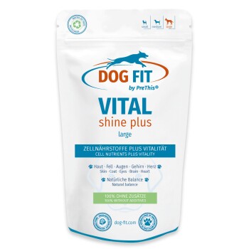 Weißer wiederverschließbarer Beutel mit Aufschrift 'DOG FIT VITAL shine plus large', Hundezusatz mit Hinweis '100 % OHNE ZUSATZSTOFFE' und Größen-Icons.