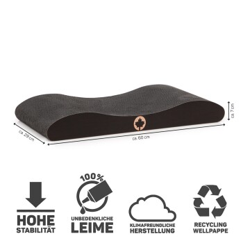 Gekrümmtes Haustierbett aus dunklem Holz mit strukturiertem schwarzen Oberflächen; 60x29x7 cm. Enthält Symbole für Stabilität, ungiftigen Kleber, umweltfreundlich und recycelbar.
