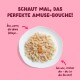 Weißer Teller mit zerpflücktem Meeresfrüchte-Nassfutter auf rosa Hintergrund. Deutscher Titel: 'SCHAUT MAL, DAS PERFEKTE AMUSE-BOUCHE!'
