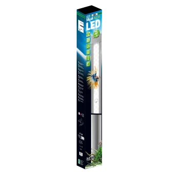 Światło LED Solar Natur do akwariów, z kolorową grafiką ryby, ikonami efektywności energetycznej i specyfikacjami produktu.