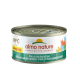 Almo Nature vollständige Katzenfutterdose, die "Pollo con Fagiolini" (Hühnchen mit grünen Bohnen) und farbenfrohe Katzensilhouetten auf dem Etikett zeigt.
