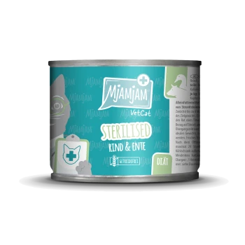 Mjamjam VetCat Dosenfutter für Katzen, beschriftet "Sterilised Rind & Ente," mit einem türkisfarbenen Design und einer Katzensilhouette sowie einem medizinischen Kreuzsymbol.