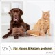 Ein brauner Hund und eine orangefarbene Katze sitzen auf einem hellen Boden mit Haaren, die sich lösen. Ein Pflegewerkzeug und eine "piupet"-Box sind in der Nähe. Text: "Für Hunde & Katzen geeignet."