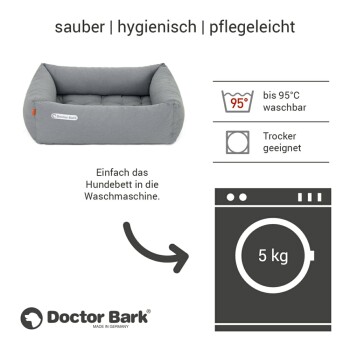 Nahaufnahme eines grauen Haustierbettstoffs mit gestepptem Design, mit dem Logo 'Doctor Bark' und dem Text 'MADE IN GERMANY.'
