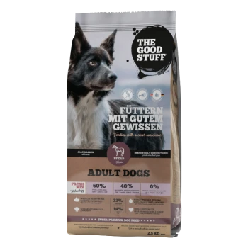 Tüte 'THE GOOD STUFF' Hundefutter für erwachsene Hunde mit Bild eines Border Collies; Text: 'Füttern mit gutem Gewissen' und 'ADULT DOGS'.