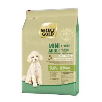 Sensitive Mini Adult Ente & Kartoffel 4 kg Goldene Mini Adult-Hundefuttertüte (5-10 kg) für empfindliche Hunde, mit einem weißen Hund und hervorgehobenen Zutaten von Ente und Kartoffel.