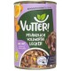 Vutteri vegane Hundefutterdose mit einem braunen Hund, mit dem Text "Pflanzlich Vollwertig Lecker" und Zutaten wie Jackfrucht und Süßkartoffel.