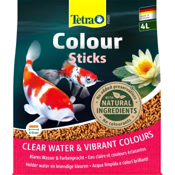 Emballage de nourriture pour poissons Tetra Pond Colour Sticks avec des carpes koï vibrantes, une nénuphar, et du texte mettant en avant "Eau Claire & Couleurs Vibrantes."