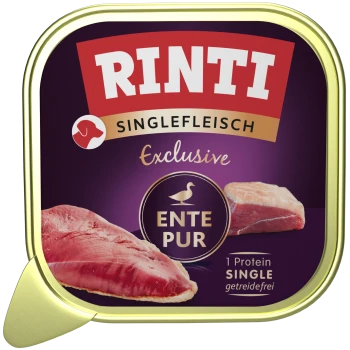 RINTI Singlefleisch Exclusive Ente Pur getreidefreies Enten-Einzelprotein-Nassfutter für Hunde in einem lila Behälter mit Goldrand.