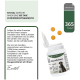 Weißer Behälter mit Vitamin B-Komplex Haustierergänzungsmittel mit offenem Deckel, der drei gelbe Tabletten und eine 365-Tage-Zufriedenheitsgarantie zeigt.